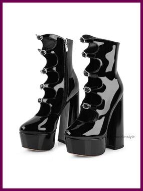 Gothic Platform Ankle Boots Women Chunky Block Heels Side Zipper Patent Leather